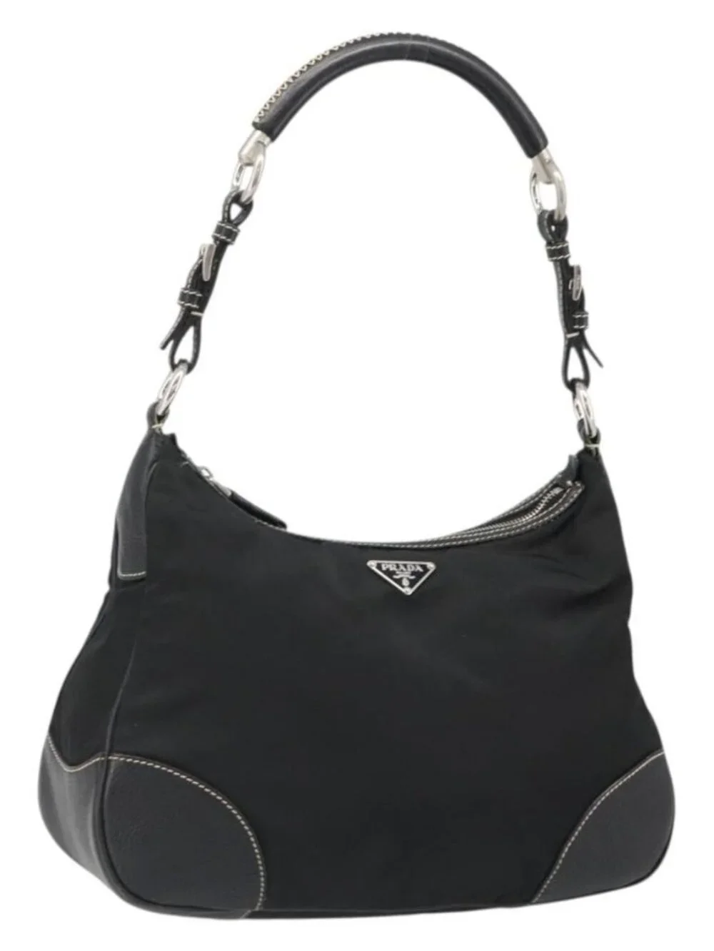 PRADA Shoulder Bag Nylon Leather Black Silver Auth 179529A